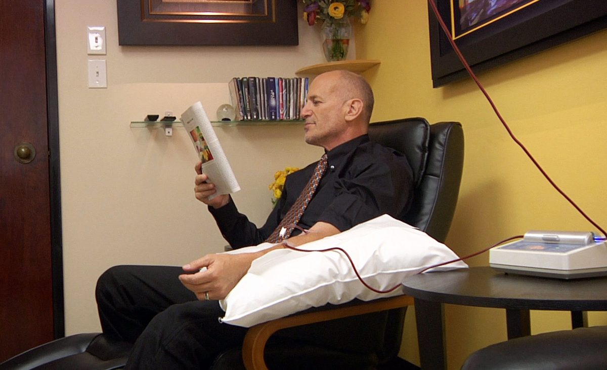 Relaxing during an IV session (illustrative image)